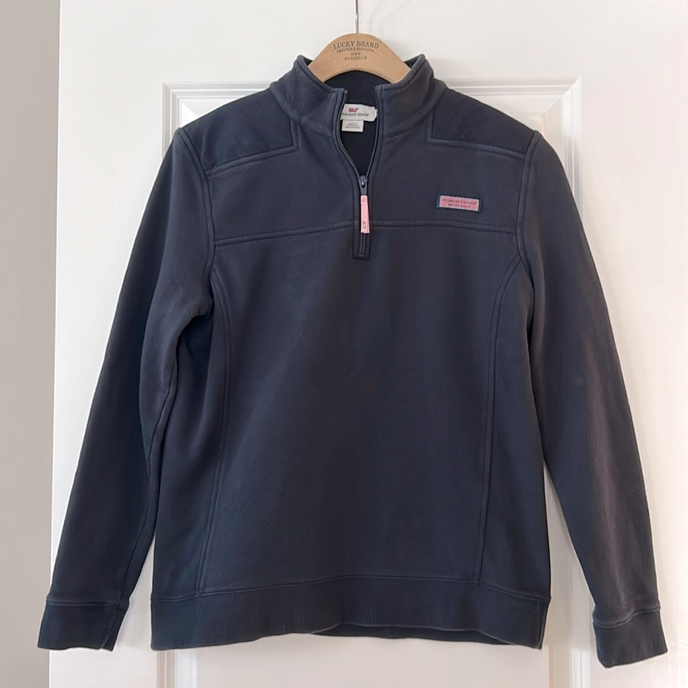 Vineyard Vines Navy Blue Quarter-Zip Sweatshirt w Logos, Canvas Padded Shoulders